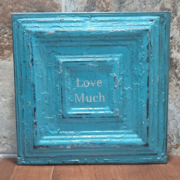 Turquoise Distressed Love Much Tin Metal on Wood Frame Hanging Wall Decor - Picture 1 of 12